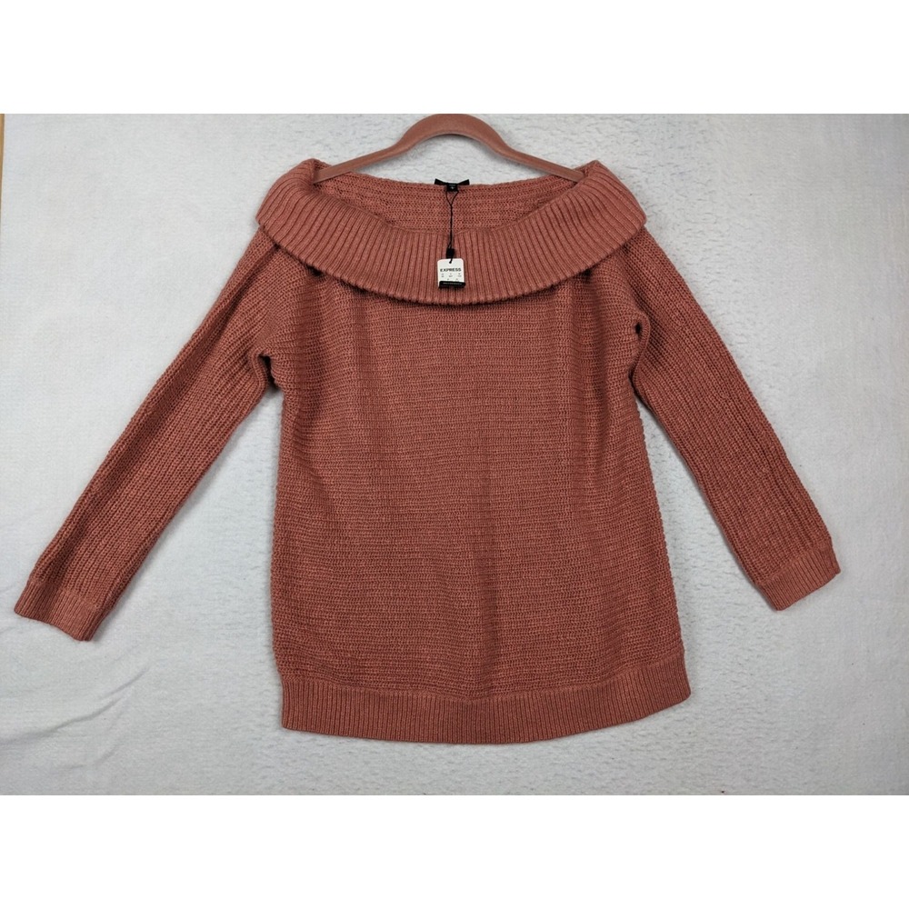 Express Womens Off Shoulder Knit Sweater Size L Cotton Blend Mauve Pink